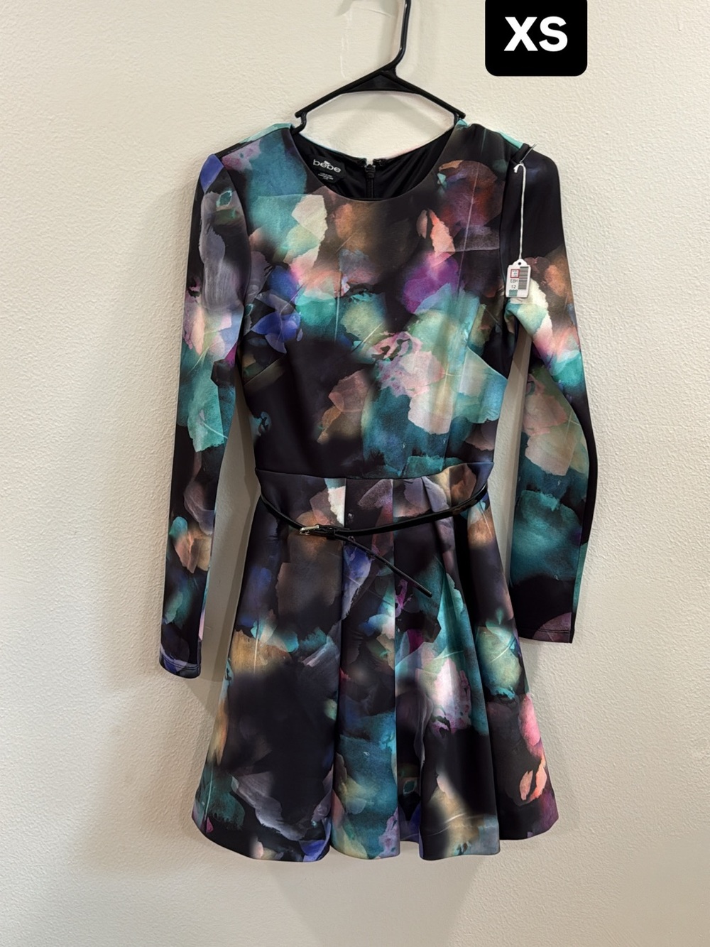 bebe Black Floral Watercolor Fit & Flare Dress with Teal and Purple Accents